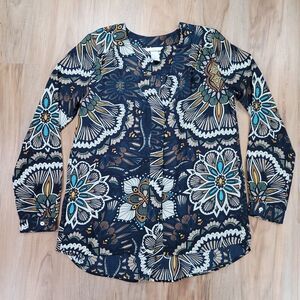 💜H&M Blue & Cream Geometric Floral Buttoned Long Sleeve Top Size 2